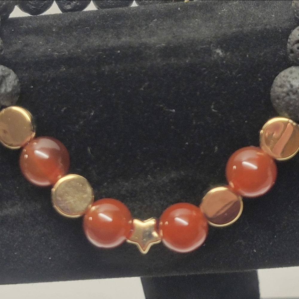 Handcrafted Gold, Black Lava and Red Carnelian Bead Stretch Bracelet - Picture 2 of 8